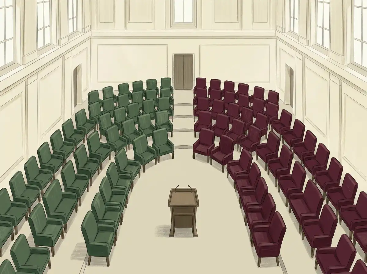 Visualisatie van de stemming in de Eerste Kamer op 19 februari 2019 over de Wet Kansspelen op afstand met de uitslag 37 stemmen voor en 36 stemmen tegen