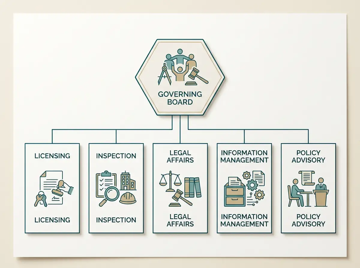 Organogram van de Kansspelautoriteit als zelfstandig bestuursorgaan met Raad van Bestuur en vakafdelingen